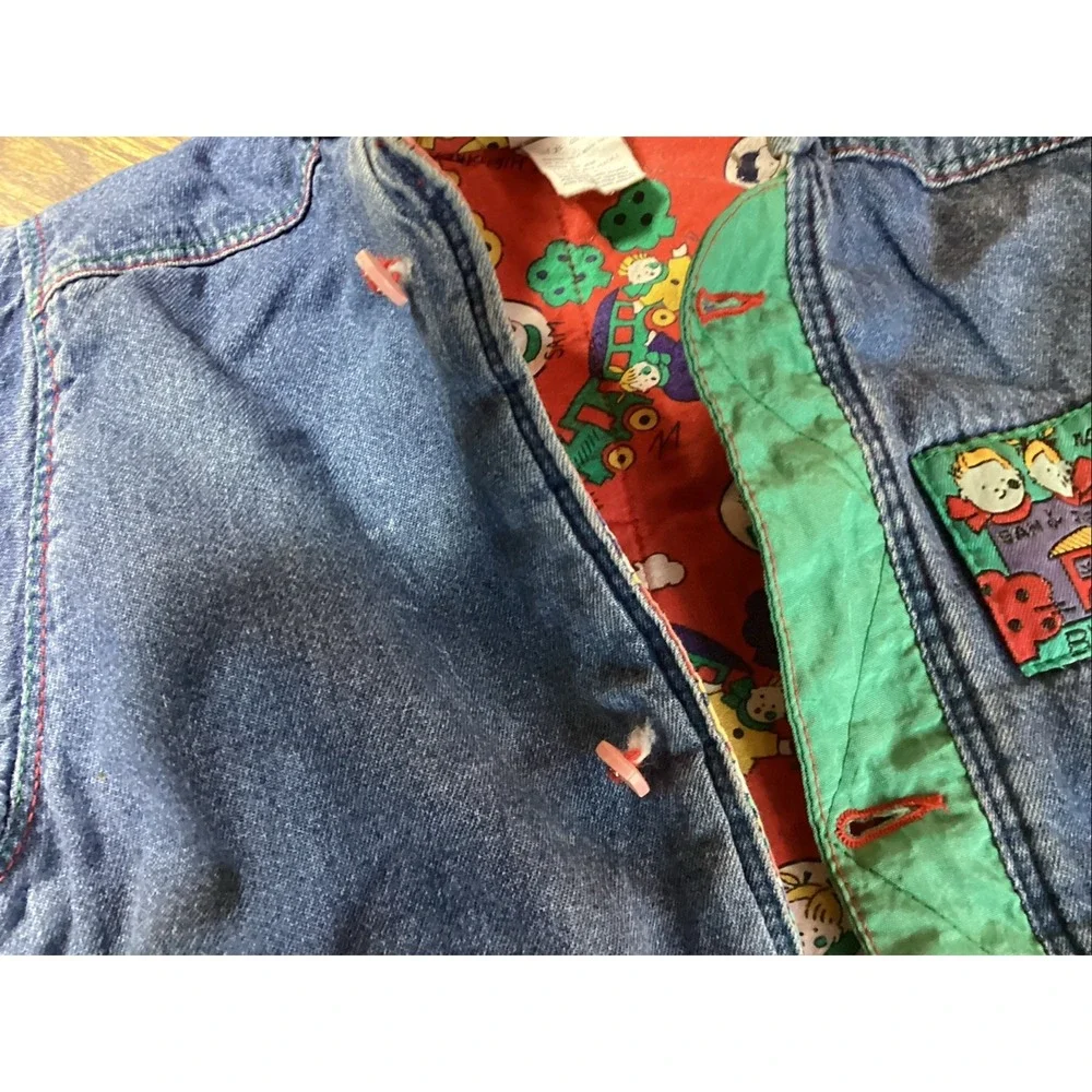 Vtg Jean Bourget Toddler Jean Jacket Insulated Color Block Train Pattern Sz 2-4